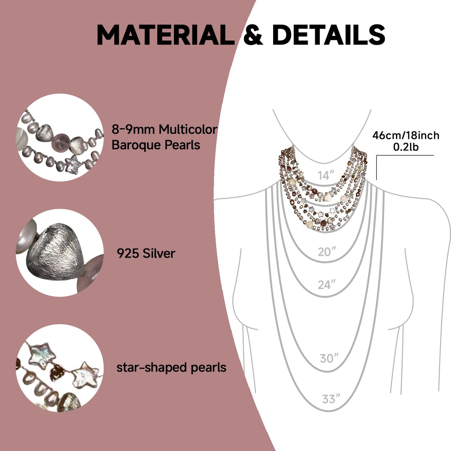 Handmade Freshwater Pearl Necklace for Women - 18inch Elegant Teardrop White Pearls 5-Strand with Vintage Beaded Charms Baroque Pearl, Shell, Rose Quartz & Crystal