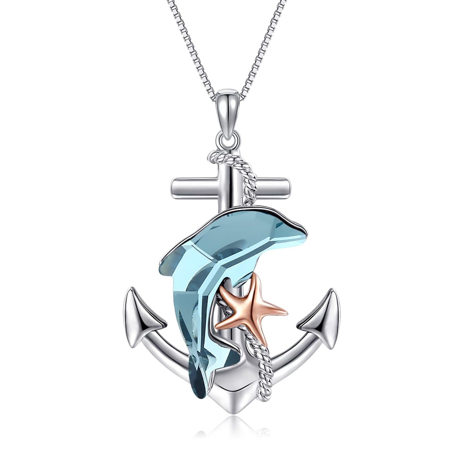 KoyeKei Dolphin Necklace Gifts for Women 925 Sterling Silver Anchor Dolphin Crystal Necklaces Nautical Ocean Pendant Beach Themed Jewelry Starfish Graduation Gifts for Daughter Best Friend Lover
