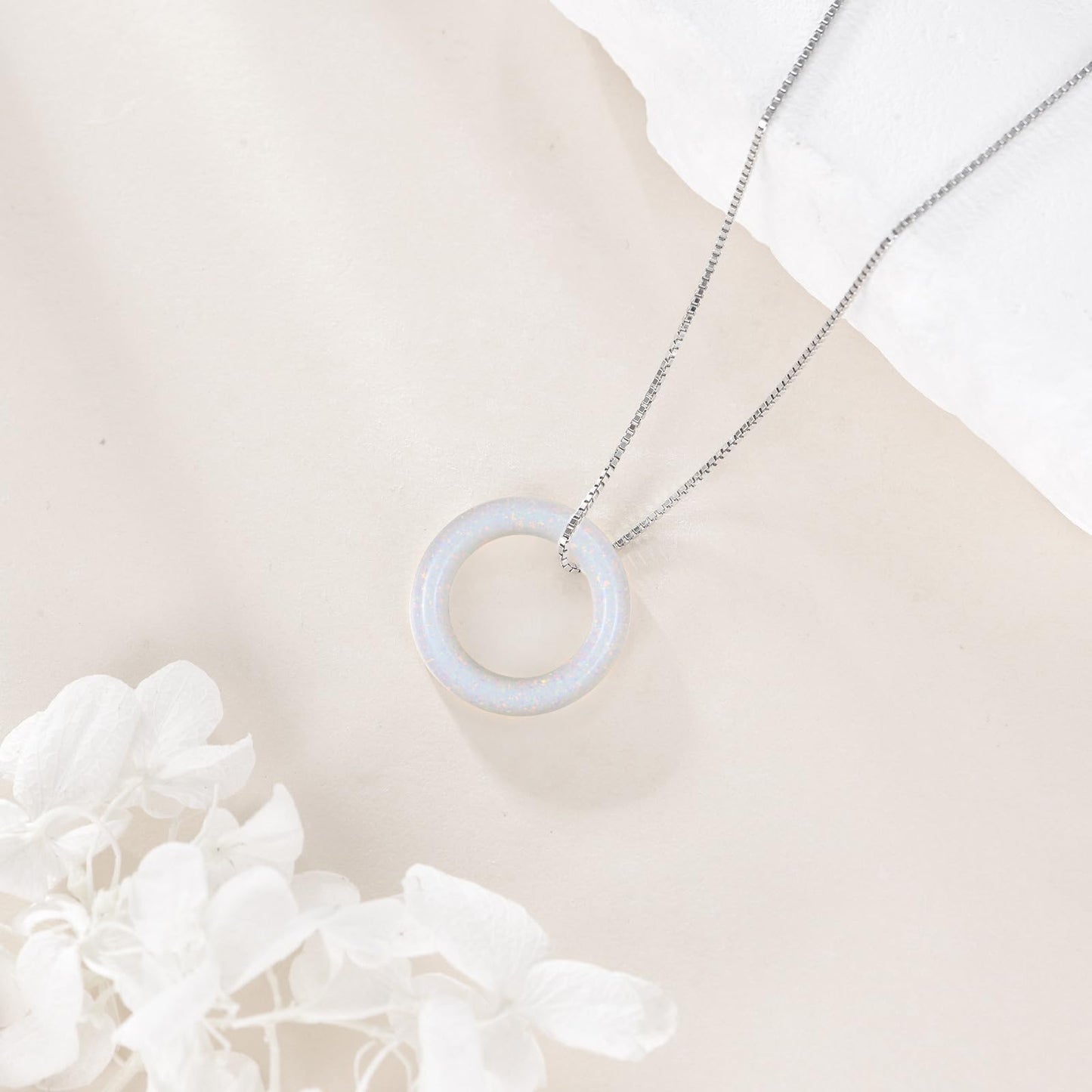 AOBOCO Circle Opal Necklace 925 Sterling Silver Circle Necklace for Women with Austrian Crystal Jewelry for Women Birthday Graduation Holiday Gift (Dia 0.78" Opal)