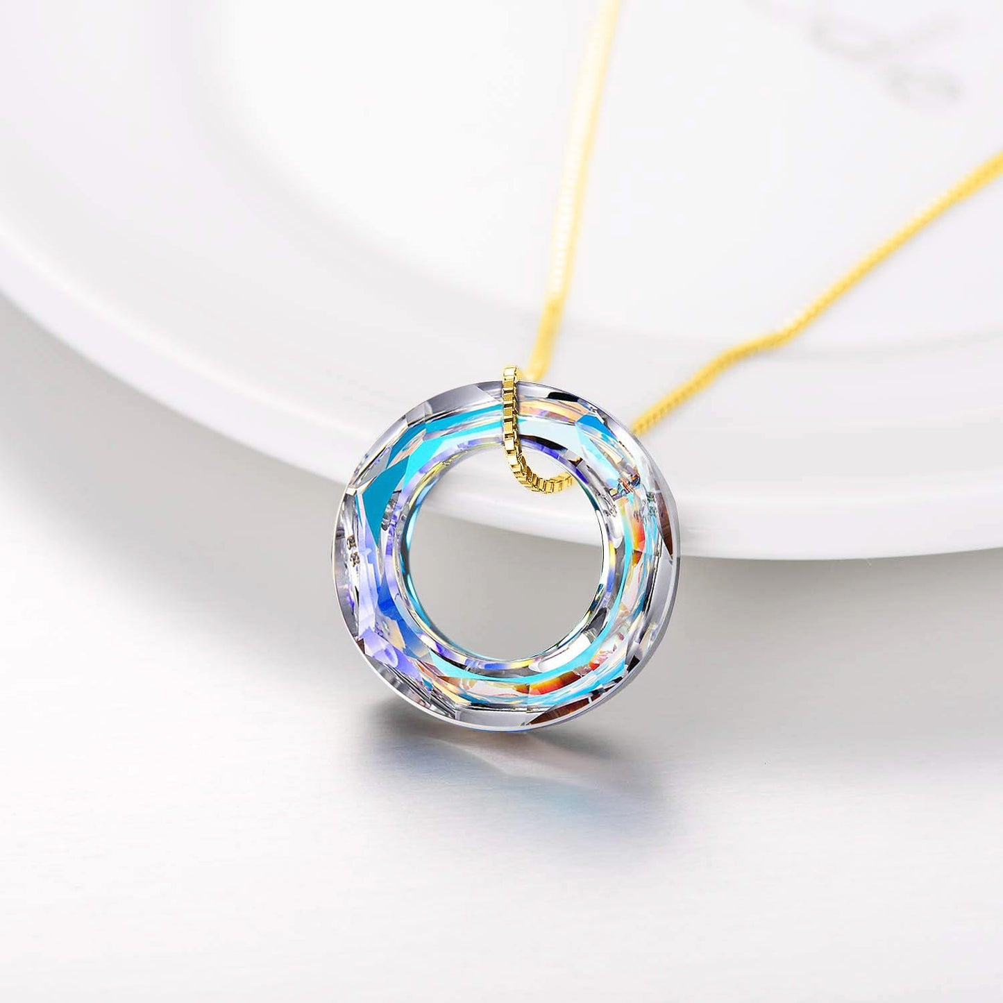 AOBOCO 925 Sterling Silver Circle Necklace with Austrian Crystal, Jewelry for Women Birthday Gift Christmas Holiday Gift (Dia 0.78" Gold Plated)