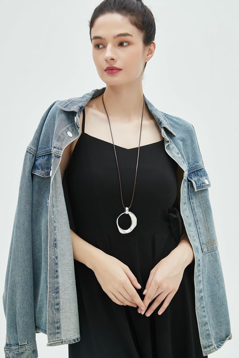 joymiao Boho Necklace for Women Silver Pendant Necklaces Chunky Circle Necklace Leather Cord Necklace Retro Style Jewelry