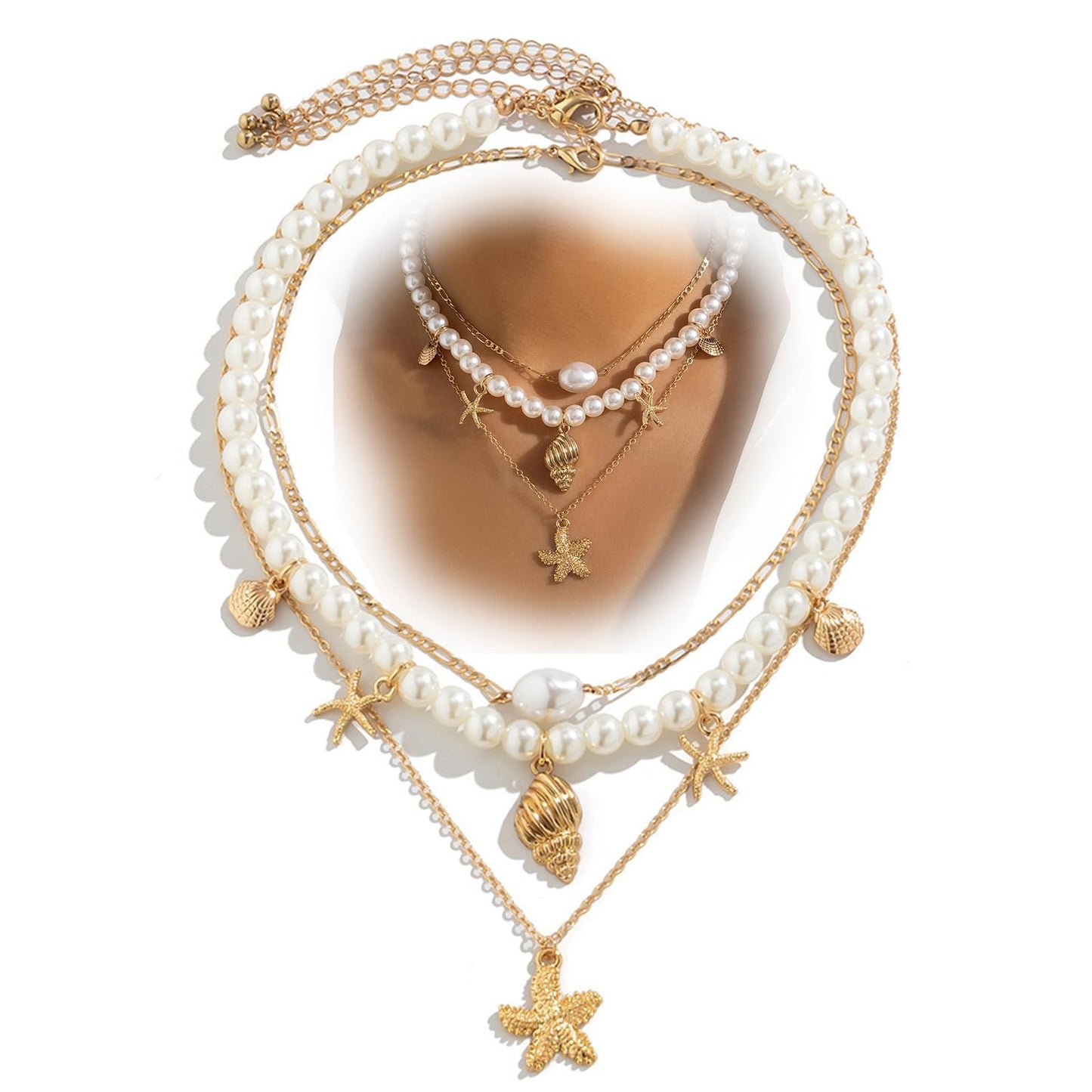 Chunky Gold Layered Pearl Starfish Statement Necklace Dainty Beach Pearls Beaded Seashell Choker Stacked Conch Sea Shell Necklaces Trendy Hawaiian Beachy Jewelry for Women (Gold)