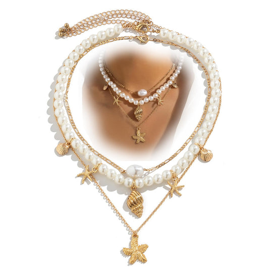 Chunky Gold Layered Pearl Starfish Statement Necklace Dainty Beach Pearls Beaded Seashell Choker Stacked Conch Sea Shell Necklaces Trendy Hawaiian Beachy Jewelry for Women (Gold)
