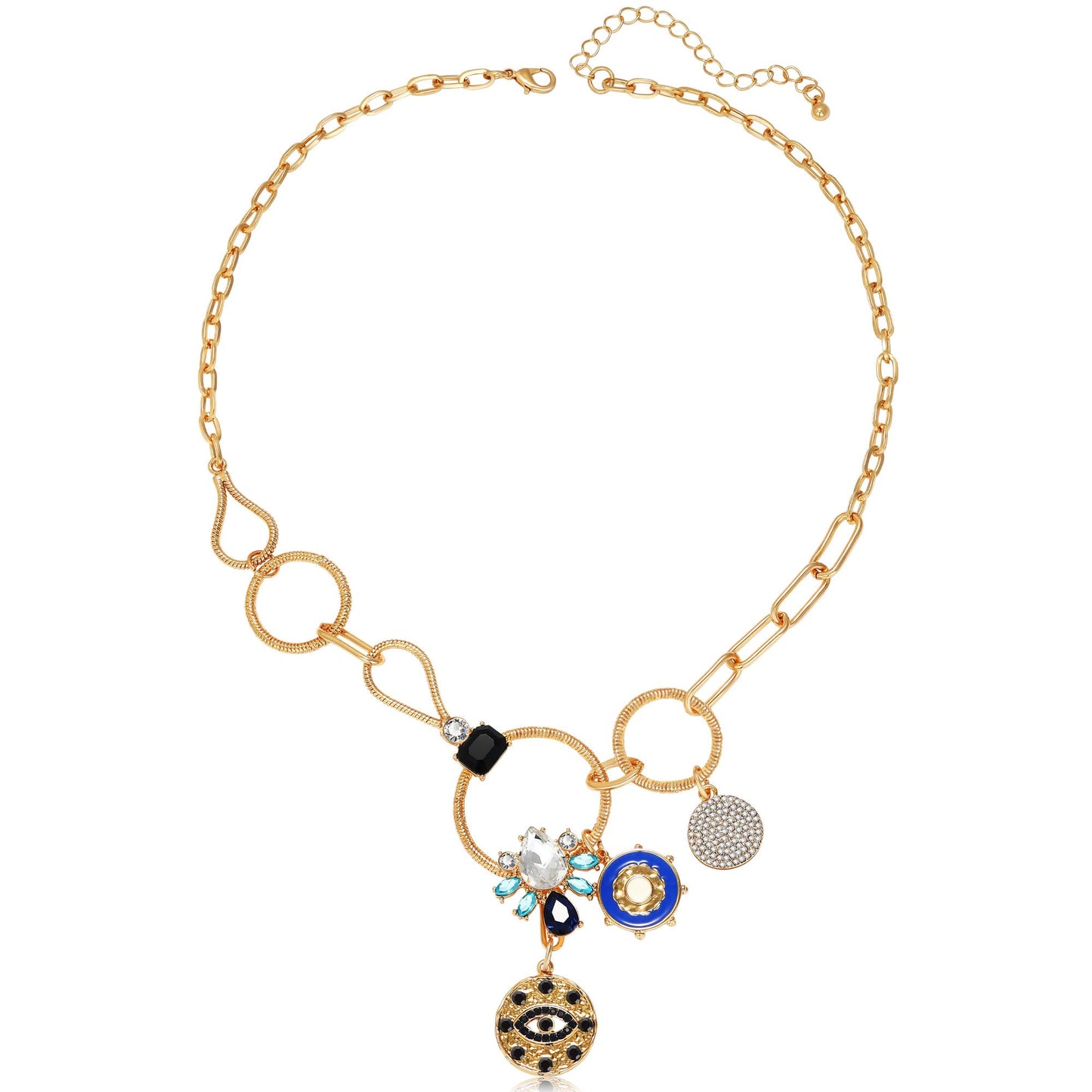 BONJOULRY Charm Necklace for Women Gold Evil Eye Sun Coin Lucky Chunky Charm Pendant Necklace Vintage Paperclip Chain Necklace Jewelry Flower Third Eye