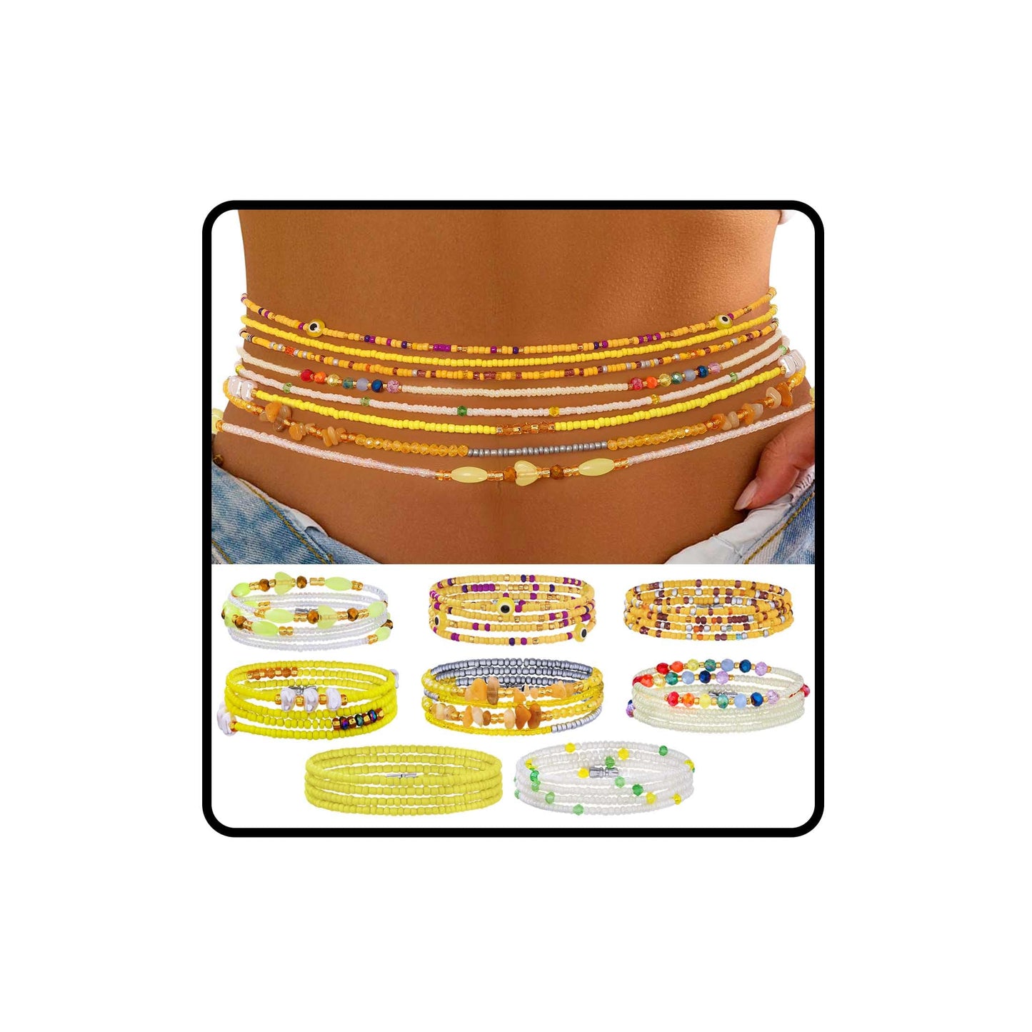ELABEST Adjustable Handmade Waist Beads Stretchy 23-52 inch 8Pcs Chakra Body Belly Beaded Women Waist, Anklet, Bracelet, Necklace Jewelry with Screw clasp (Yellow, 31.5inch/80cm)