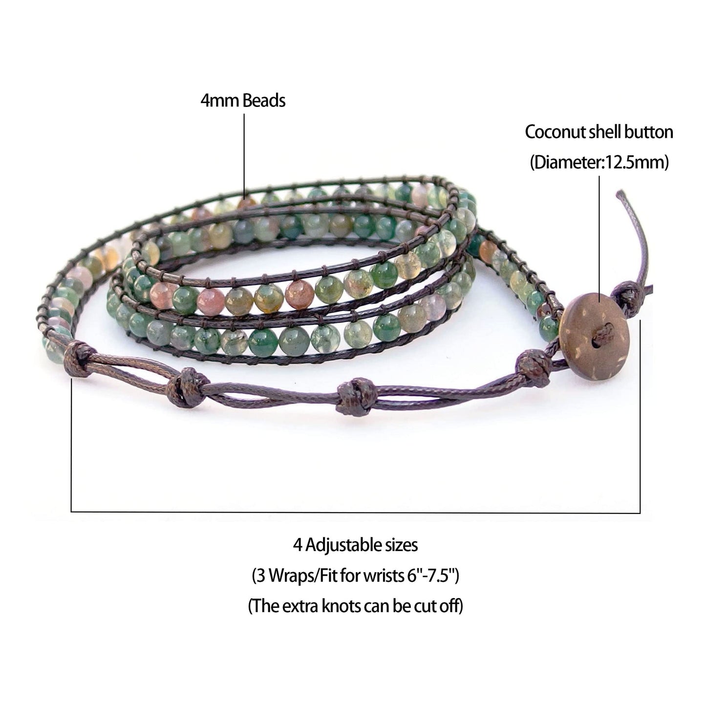 Ayriwoyi Moss Indian Agate Bracelet Beaded Wrap Bracelet for Women Natural Stone Bracelet Leather Wrap Bracelet Crystal Bracelets Handmade Jewelry Gifts