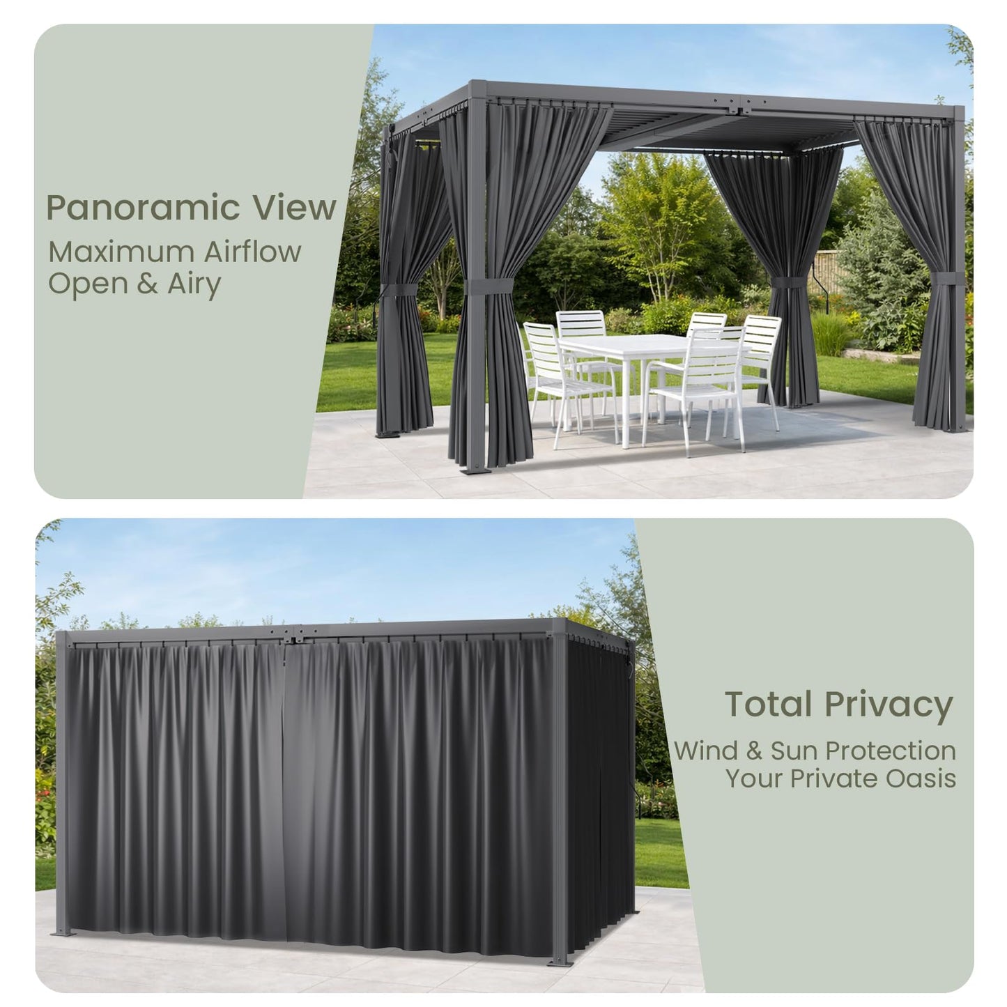 SAILARY Louvered Pergola 12' x 20' with Waterproof Curtains, Large Outdoor Aluminum Pergola with Reinforced Steel Roof, Heavy-Duty Hardtop Gazebo, Privacy Shaded Shelter, Grey