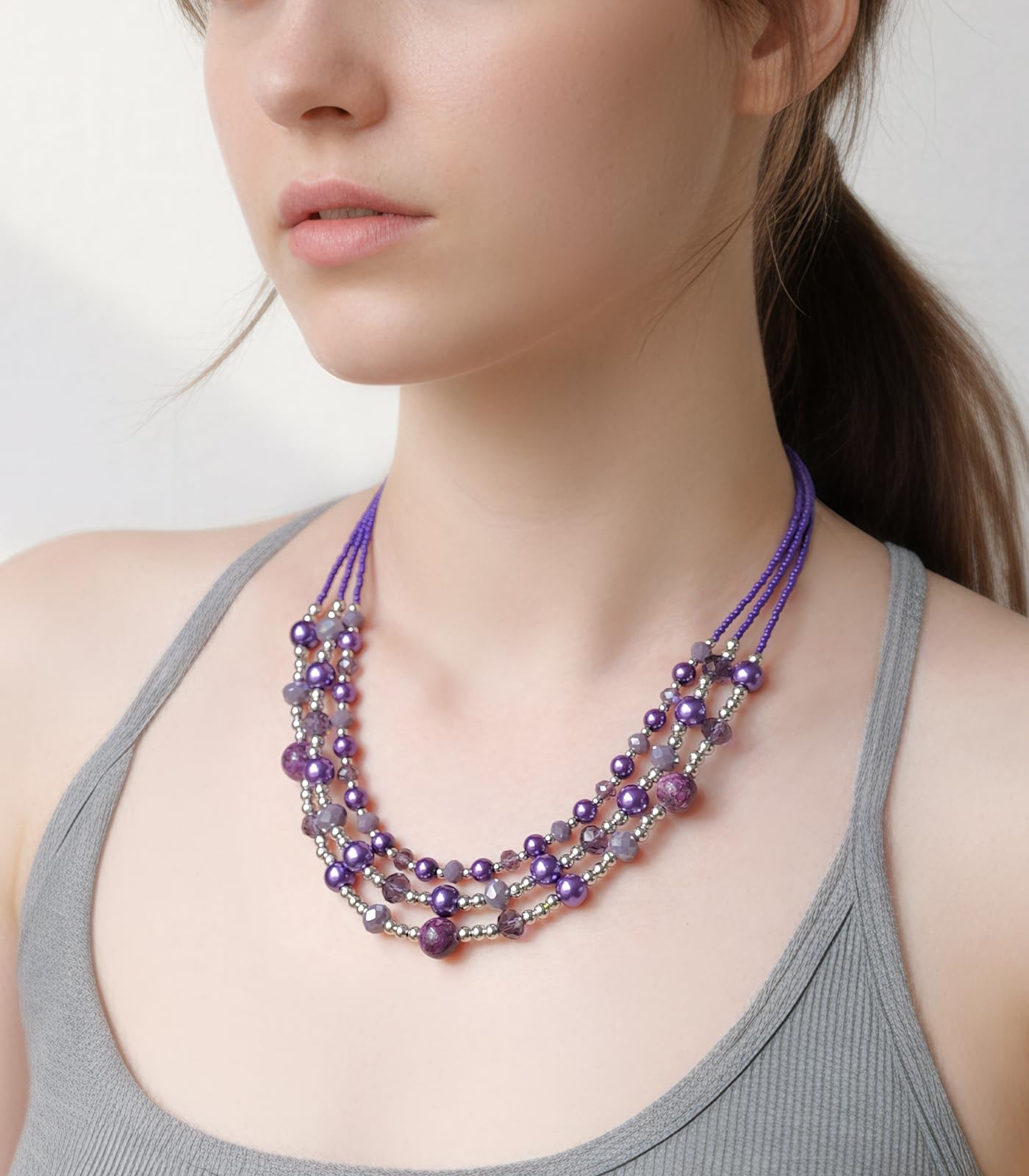 Noessla Beaded Statement Necklaces for Women Layered Chunky Bead Necklace Fashion Costume Jewelry Gifts for Mom(Purple)