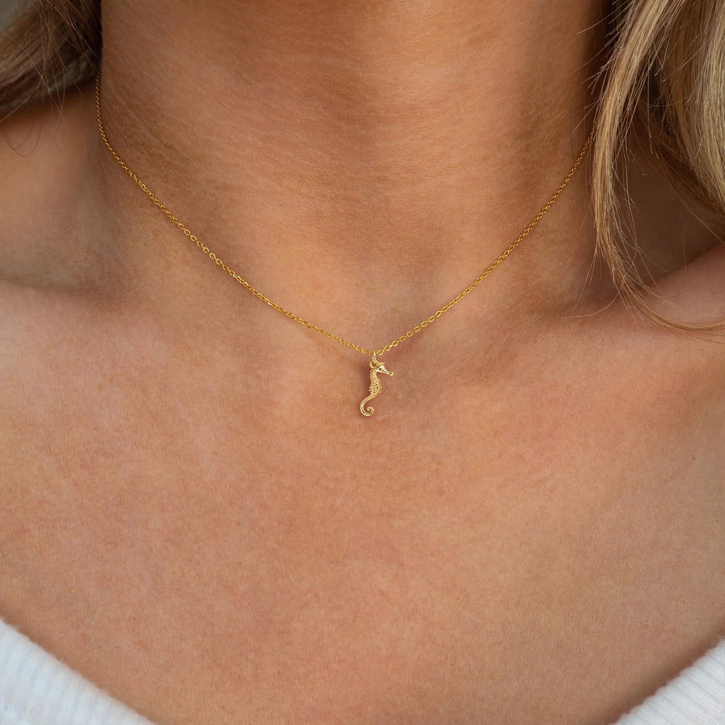 BSGRL Dainty Gold Necklace: 14K Gold Plated Seahorse Sea Beach Necklace for Women 16.5"+2"