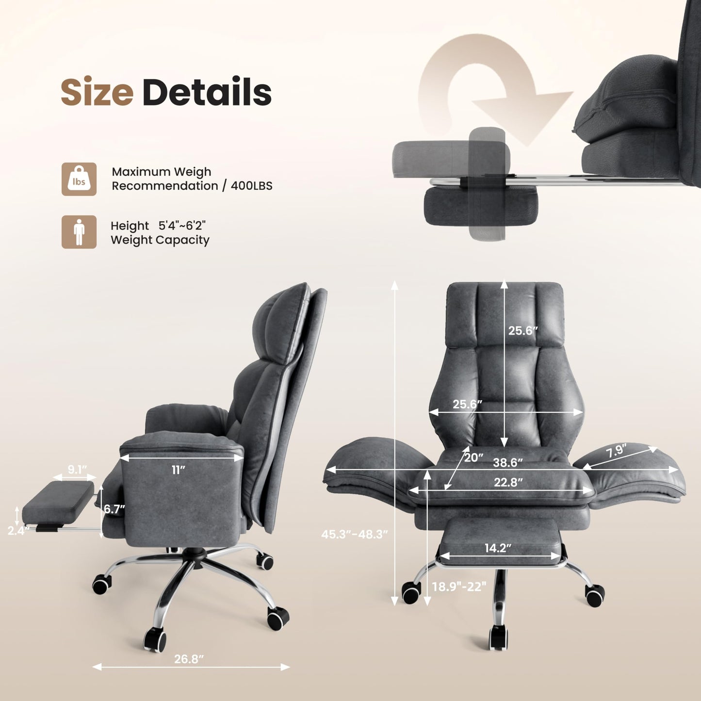 Big and Tall Office Chair, Flip Armrests for Pets & Cross Legged Sitting, Executive Ergonomic Computer Gaming Chair with Foot Rest, Crystal Velvet Wide Seat Reclining Desk Chair