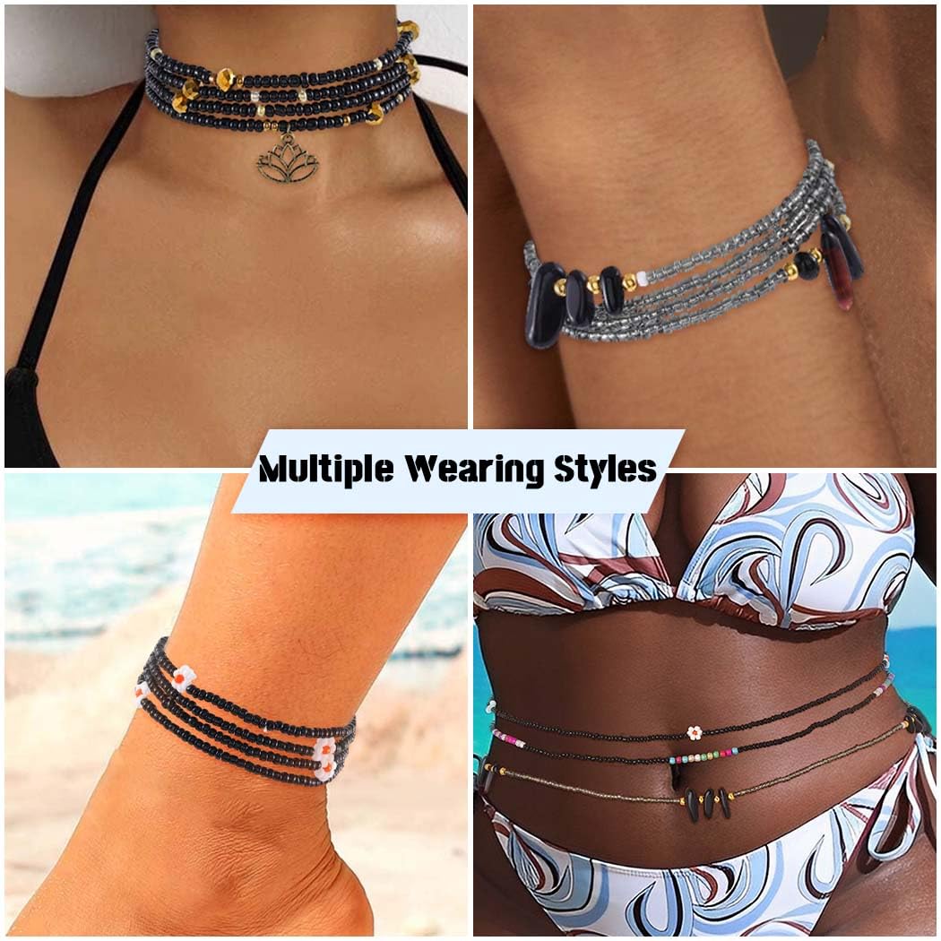 ELABEST 24-39inch African Waist Beads for Women 8Pcs Elastic Belly Beads Colorful Beaded Waist Jewelry Accessories Body Chain (Black, 27.5inch/70cm)