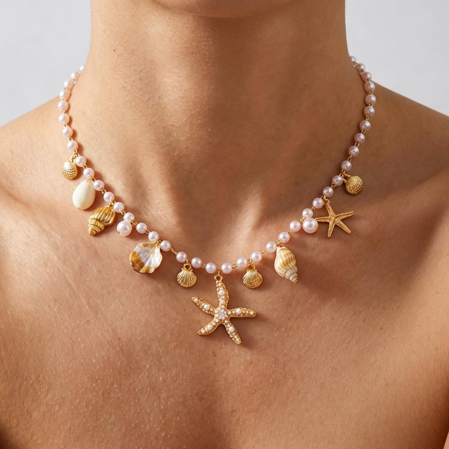 Shell Starfish Necklace for Women Gold Plated Pendant Pearl Necklace Boho Beaded Dainty Adjustable Necklaces Shell Conch Summer Beach Cuff Jewelry Accessories