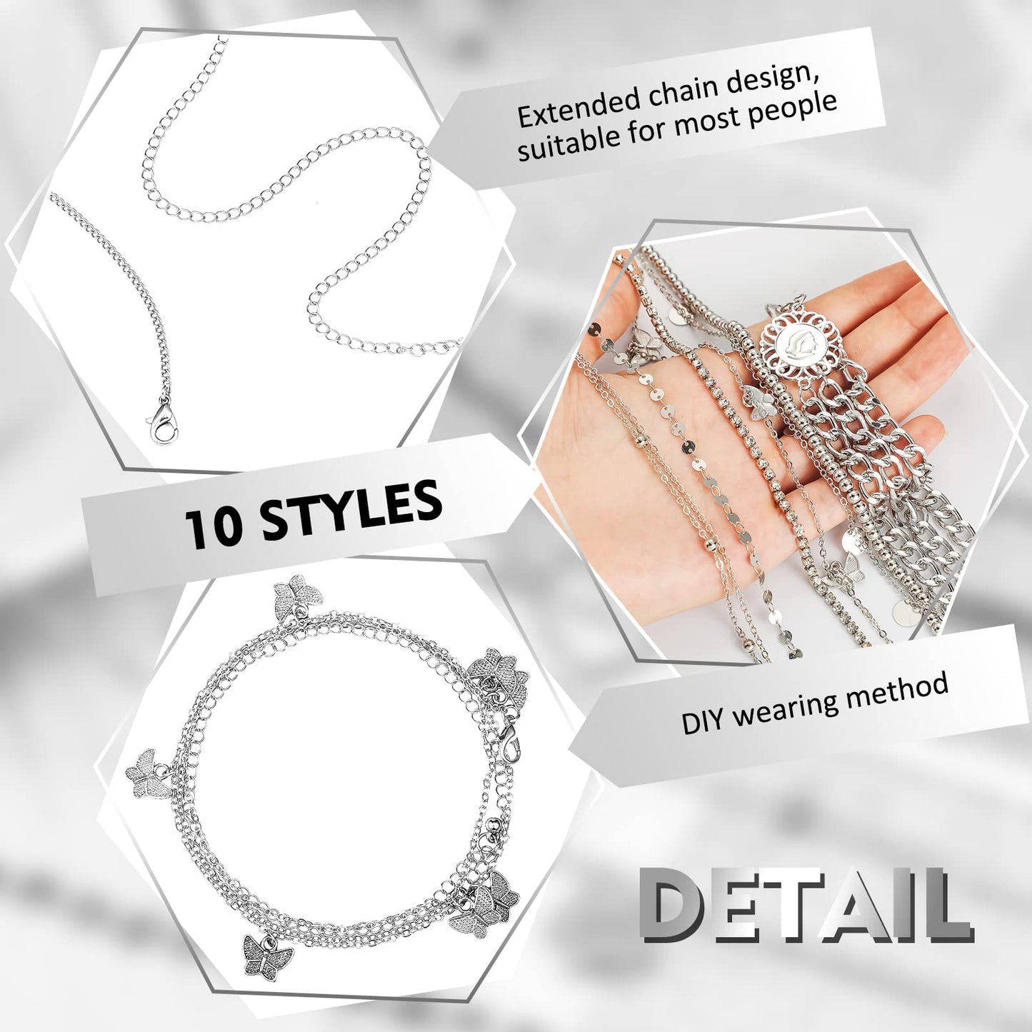 Lenwen 10 Pcs Summer Beach Belly Chain Adjustable Waist Multi Layered Chain Waist Jewelry for Women Girls Multilayer Body(Stylish Style,Silver)