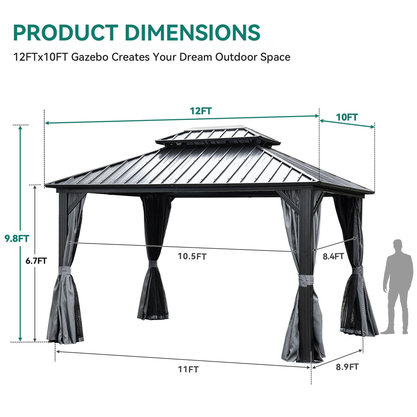 YITAHOME 10x12ft Gazebo Hardtop with Nettings and Curtains, Heavy Duty Double Roof Galvanized Steel Outdoor Combined of Vertical Stripes Roof for Patio, Backyard, Deck, Lawns, Gray
