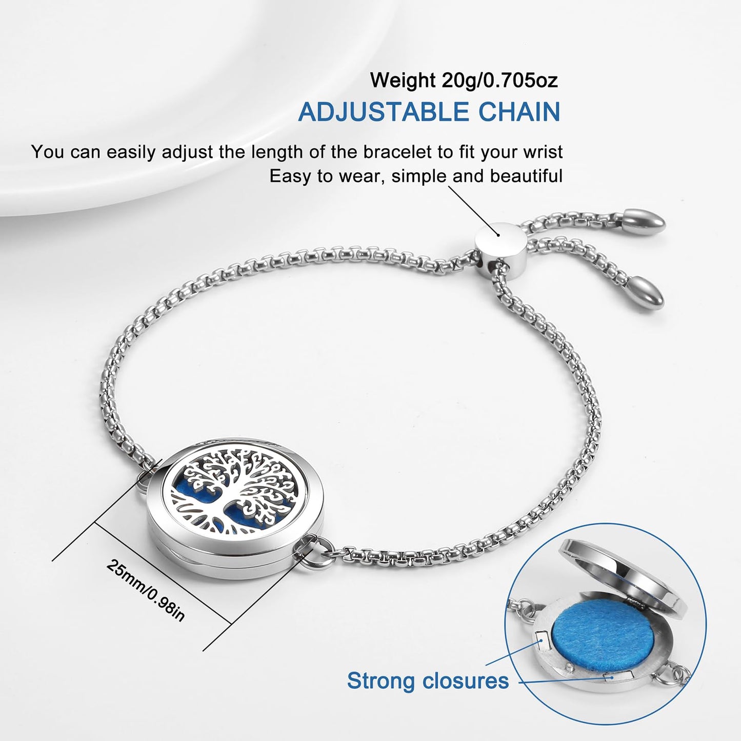 Aromatherapy Essential Oil Diffuser Bracelet, Tree of Life Pattern Locket Adjustable Link for Women Birthday Jewelry Gifts Trendy for Wife Mothers（Silver