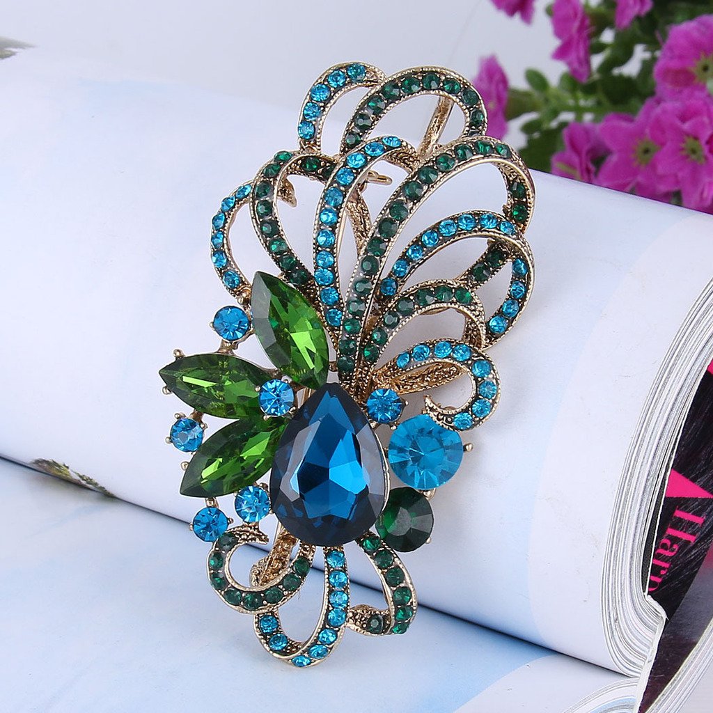 EVER FAITH Antique Gold-Tone Austrian Crystal Flower Ribbon Teardrop Brooch Pendant Blue
