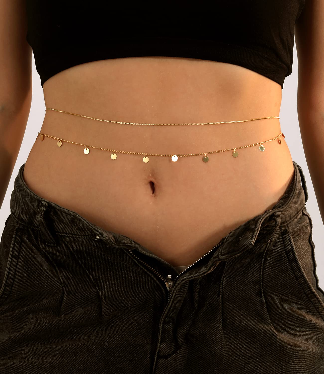 Honsny 2PCS 25-43Inch 18K Gold Plated Waist Chain Minimalist Pearl Belly Body Chain Gold Layered Sexy Bikini Body Chains Waist Jewelry for Women