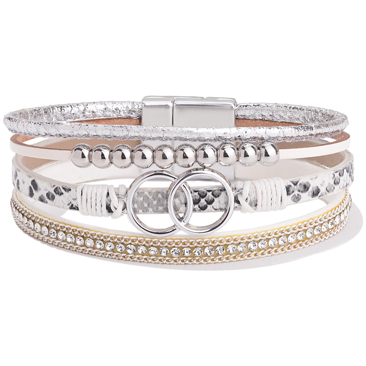 FANCY SHINY Boho Leather Wrap Bracelet Stackable Beaded Infinity Chunky Cuff Bracelets with Magnetic Clasp Western Hippie Outfits Jewelry Gifts for Women(Snakeskin White)