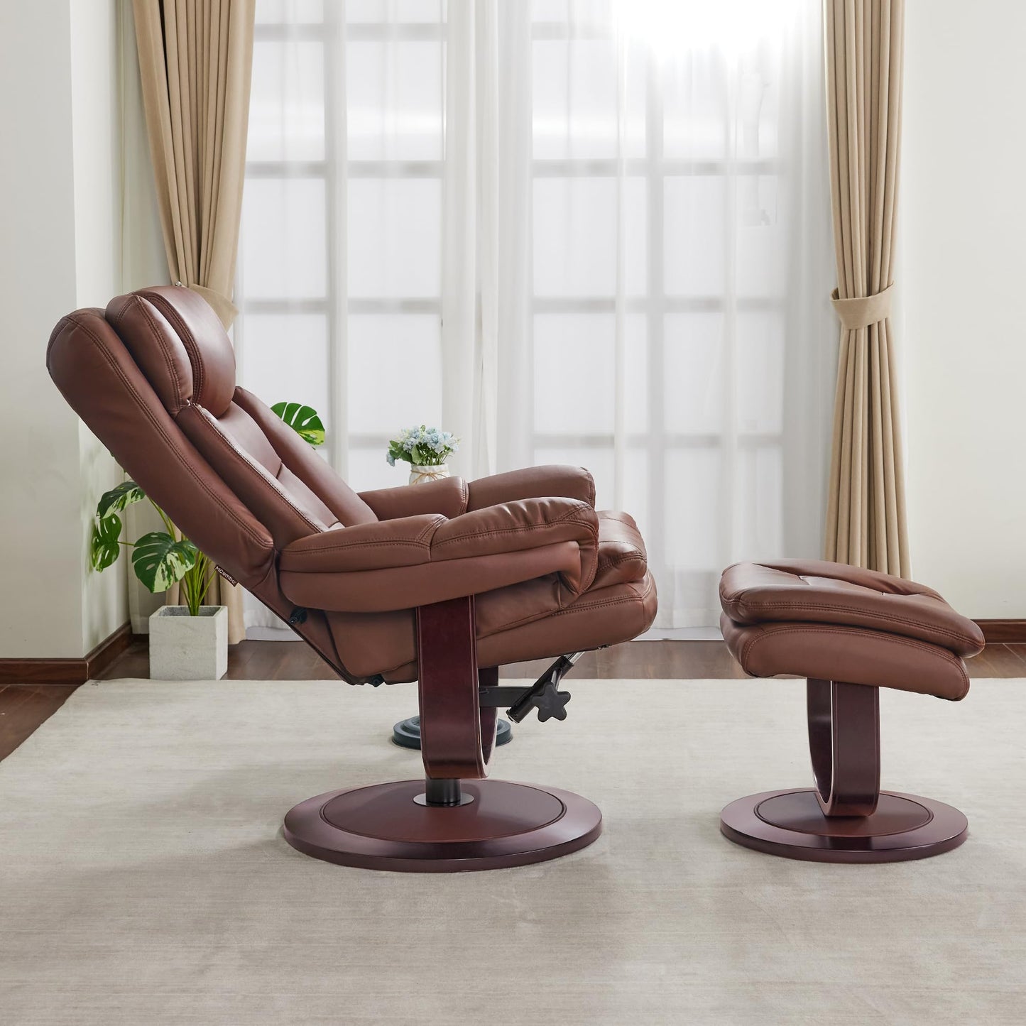 MCombo Oversized Swivel Recliner Chair with Ottoman, Adjustable Backrest, 360° Wood Base, High Seat, Faux Leather Lounge Chair for Tall Users in Living Room Office 4651 (Brown)