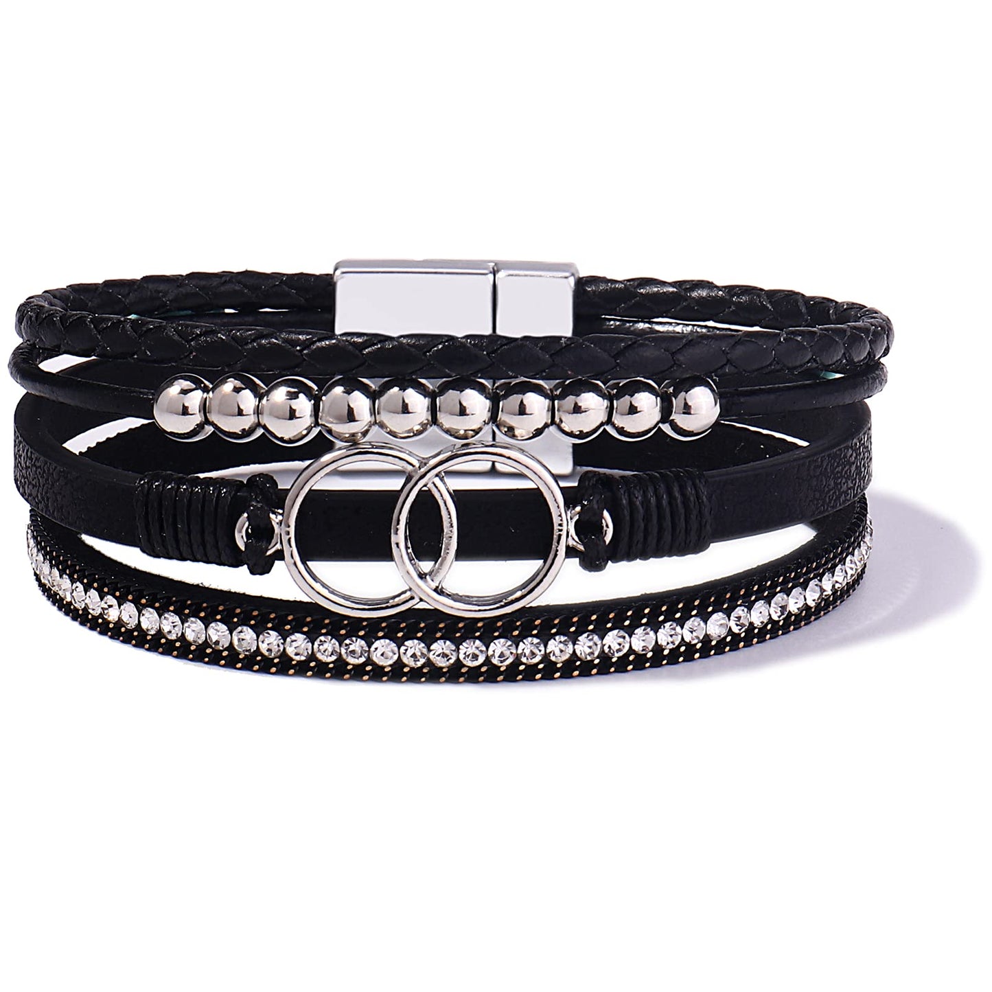 FANCY SHINY Boho Leather Wrap Bracelet Stackable Beaded Infinity Chunky Cuff Bracelets with Magnetic Clasp Western Hippie Outfits Jewelry Gifts for Women(Black)