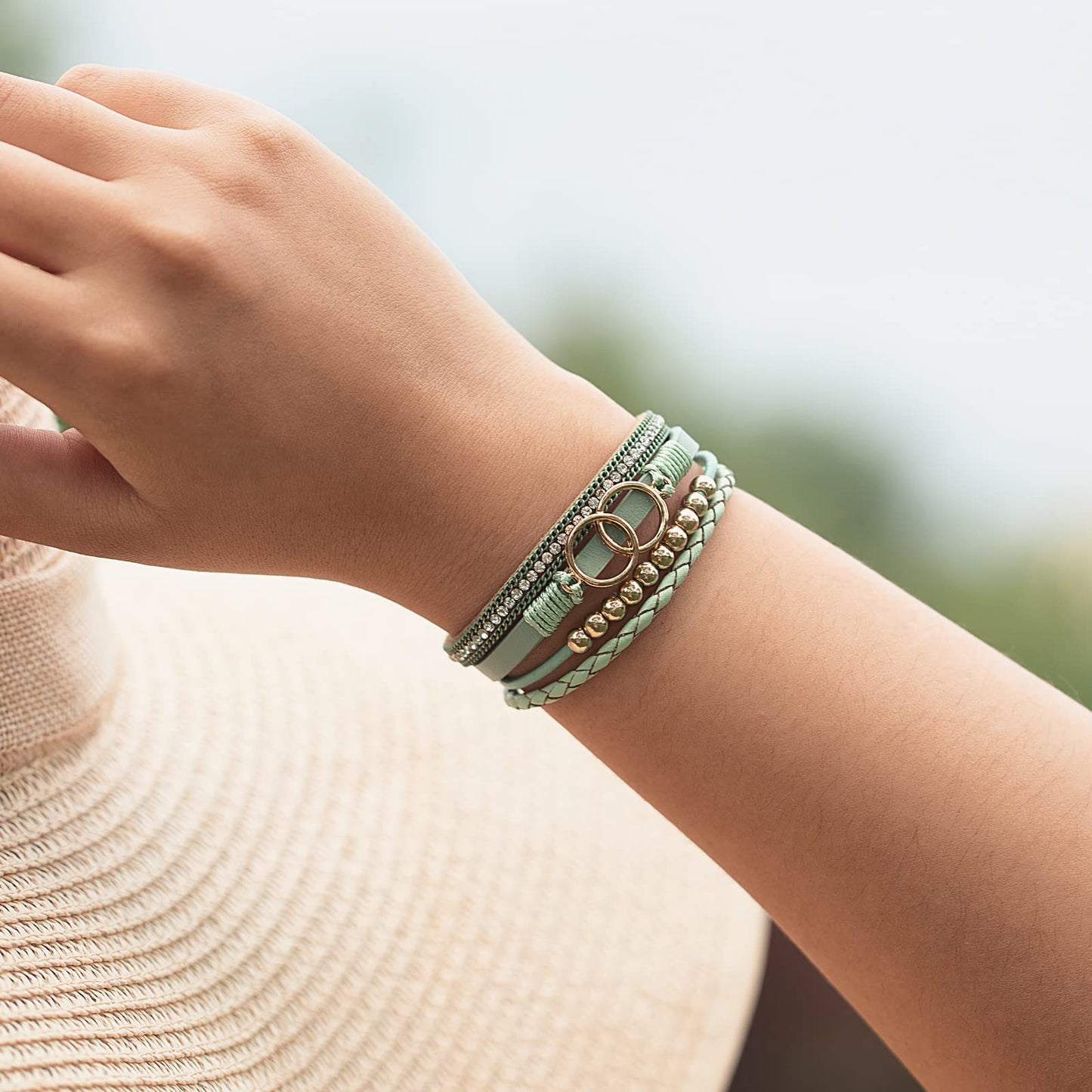 FANCY SHINY Boho Leather Wrap Bracelet Stackable Beaded Infinity Chunky Cuff Bracelets with Magnetic Clasp Western Hippie Outfits Jewelry Gifts for Women(Avocado)