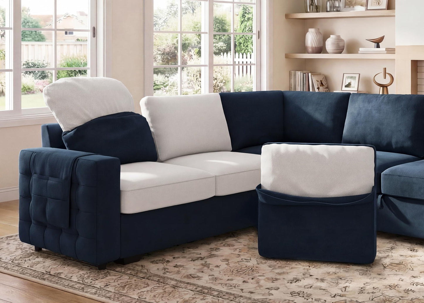 HONBAY Sleeper Sectional Couch with Pull-Out Bed Sectional Sleeper Sofa Pull Out Bed with Storage Chaise, 6 Seaters Couch for Living Room, Velvet Blue