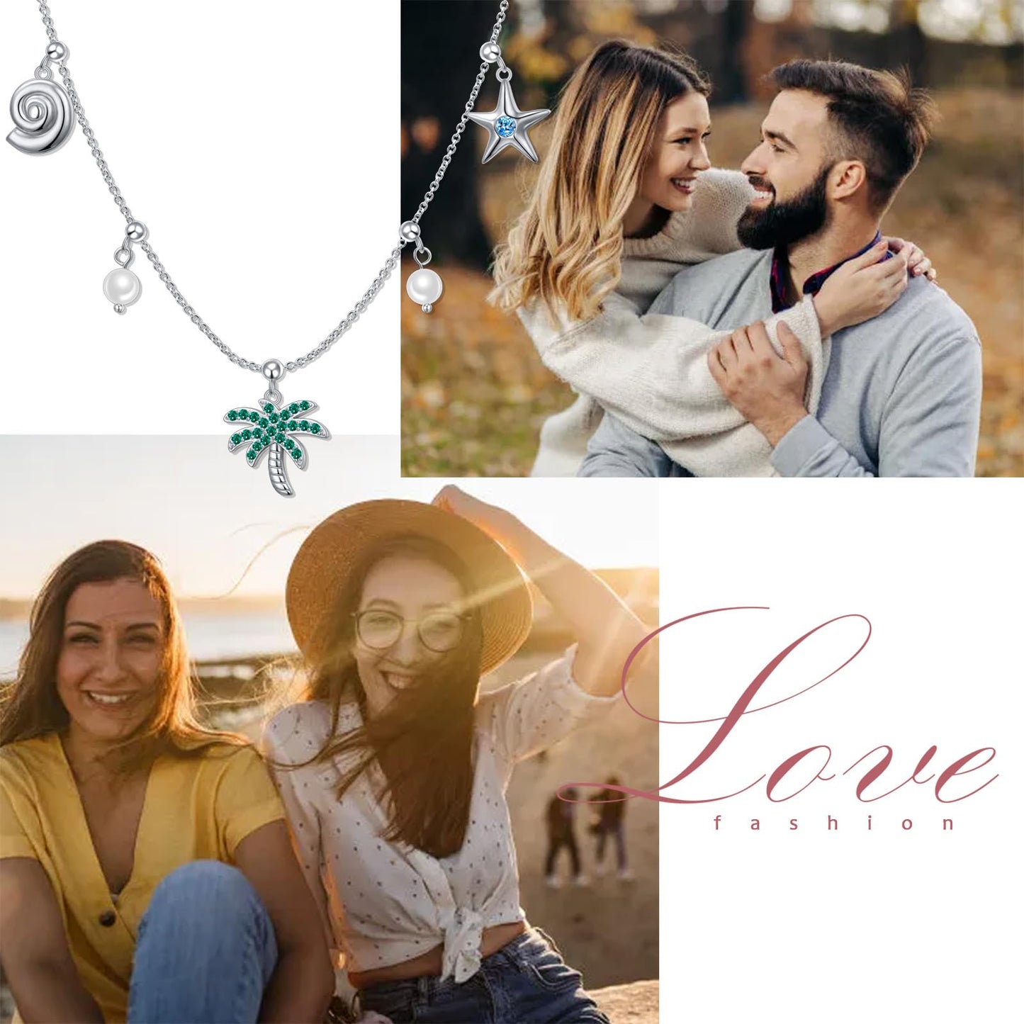 FLYOW S925 sterling Silver Summer Palm Tree Seashell conch shell Beachy Pendant Necklace Women Coastal Jewelry with Removable Charms Trendy Summer Beach Gift