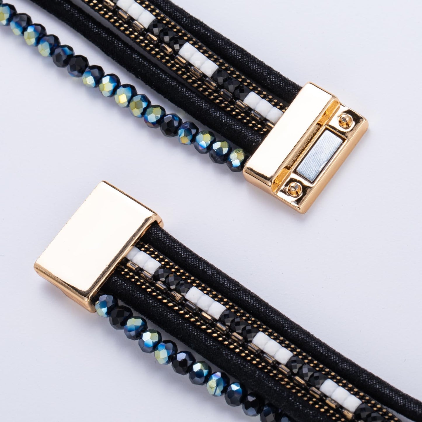 FANCY SHINY Leather Wrap Bracelets Crystal Beads Bracelet Boho Cuff Stone Charm Bracelets with Clasp Costume Jewelry for Women(Black)