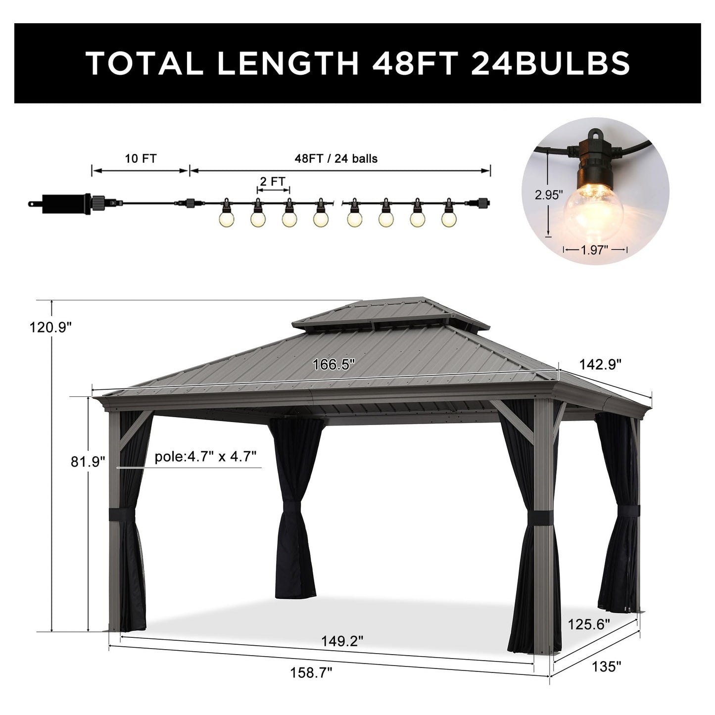 PURPLE LEAF 12' X 14' Permanent Hardtop Gazebo Galvanized Steel Double Roof Pavilion with Aluminum Frames Heavy Duty Patio Gazebo for Pool Patio Deck Garden,Netting and Curtains Included, Light Grey
