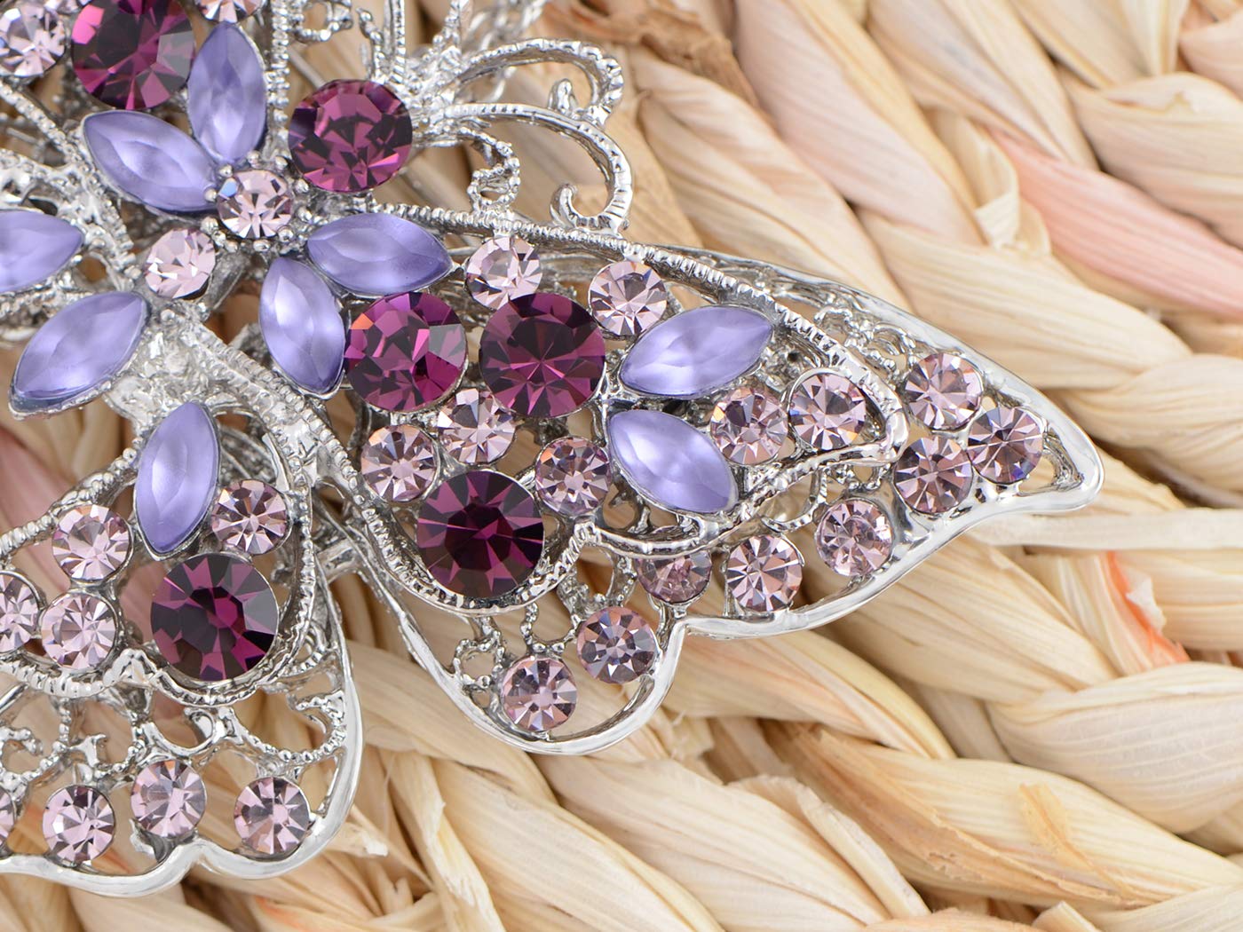 ALILANG Silvery Tone Crystal Rhinestone Hollow Out Butterfly Brooch Pin, Purple