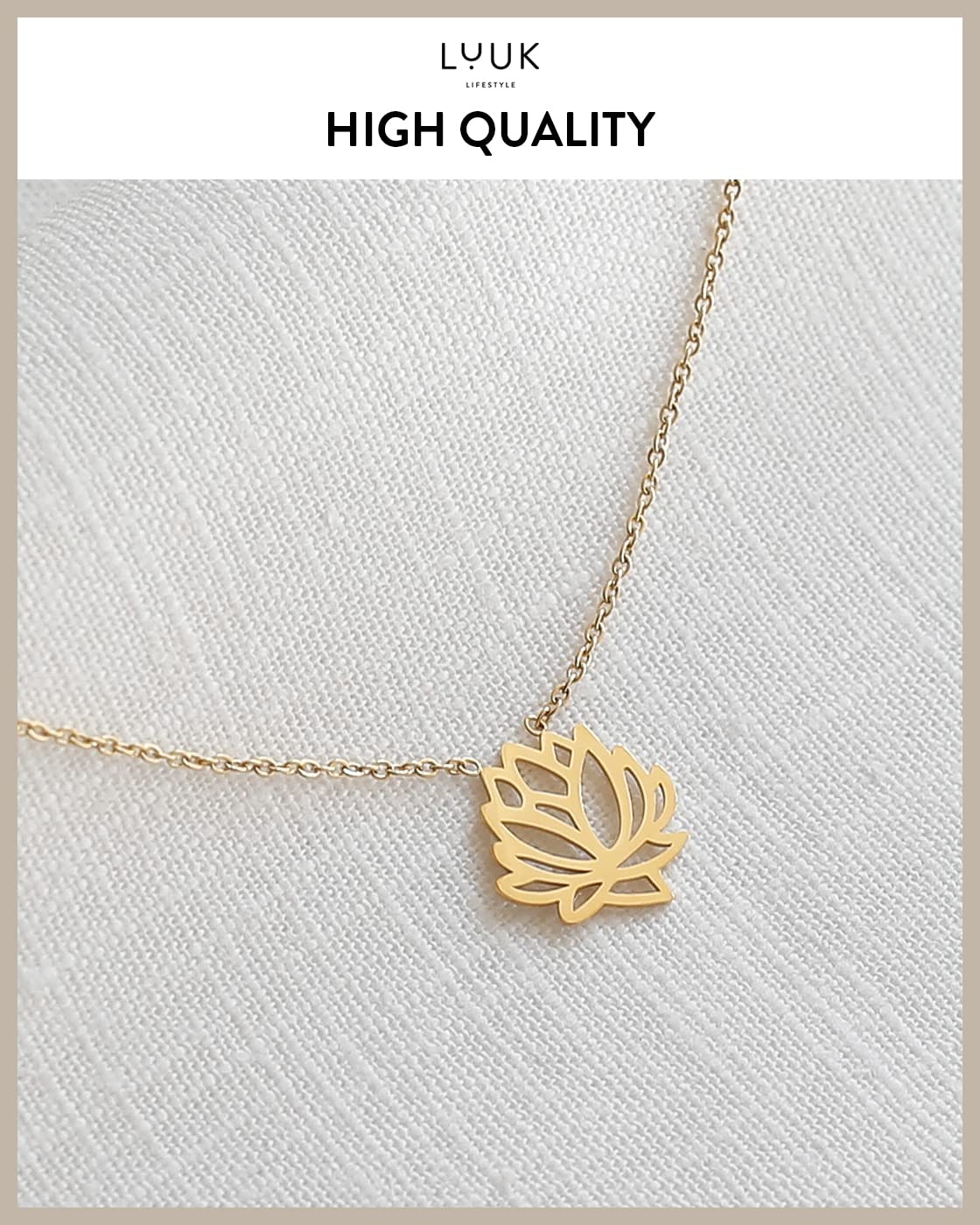 LUUK LIFESTYLE Stainless steel necklace for women with Lotus flower pendant and HAPPINESS gift card, chic and classy style, trendy layer look, Asian lucky charm, minimalist fashion accessory, gold
