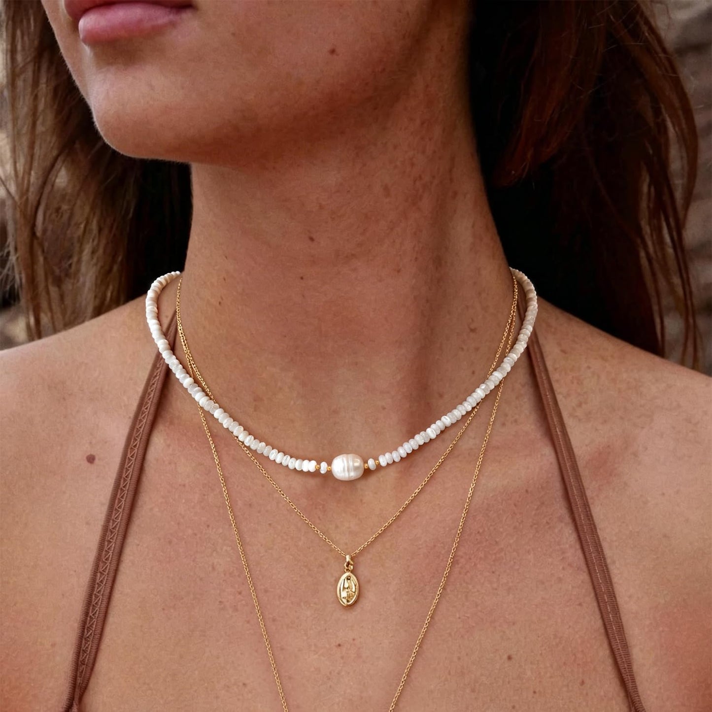 ERNAULO Beaded Necklaces for Women Seashell Beach Necklace with Freshwater Pearl 14K Gold Plated Boho Summer Handmade Jewelry CK-Seashell-White