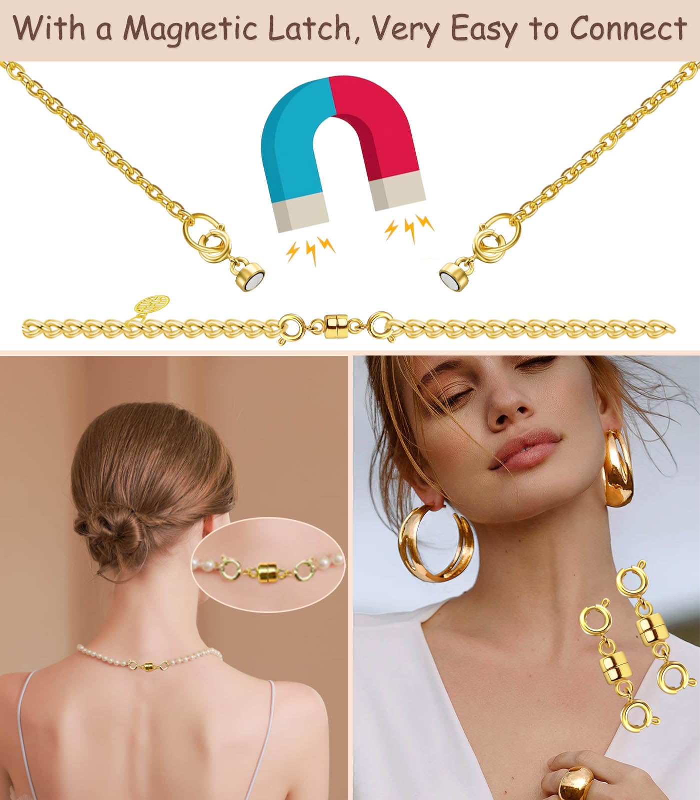 Dailyacc Magnetic Necklace Clasps and Closures, Double Open Bracelet Extender for Jewelry Converters Clasp (14k Gold, Silver)