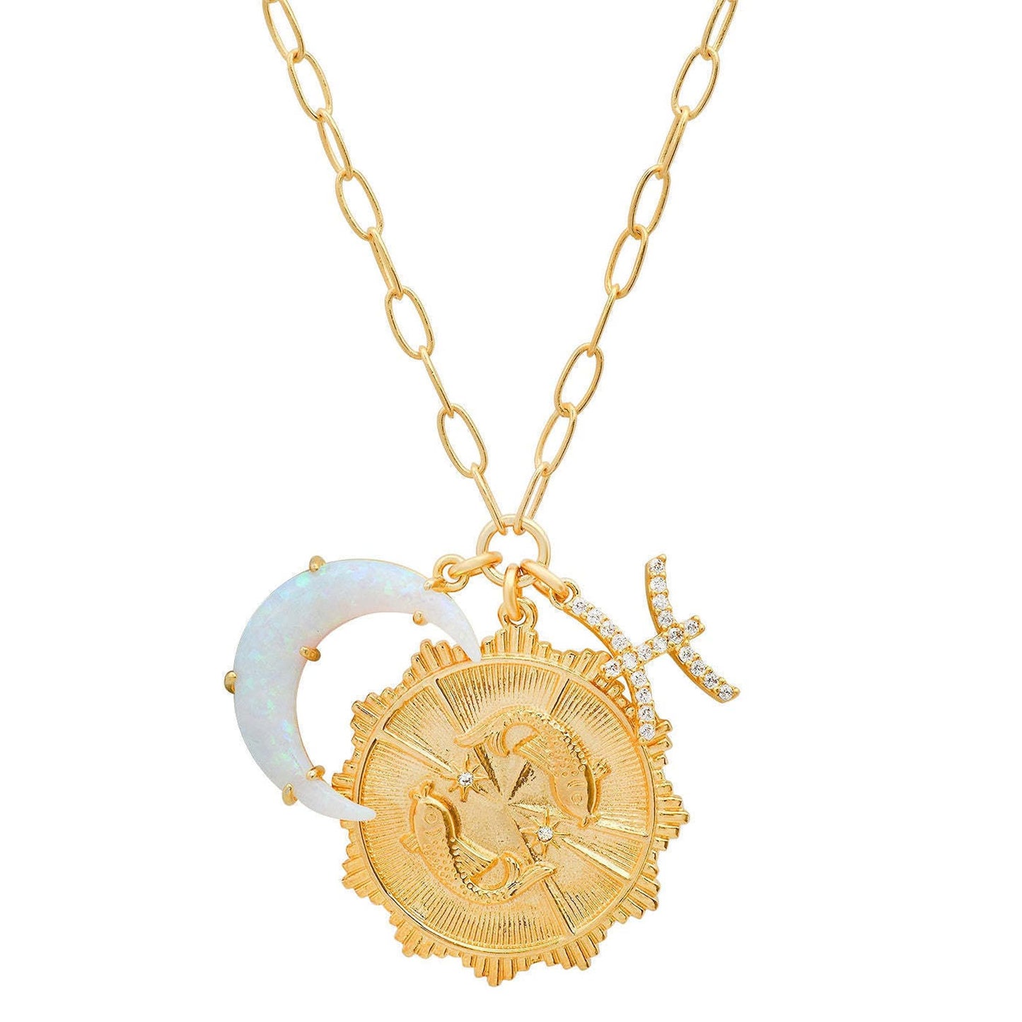 Lanadale Dainty Gold Pisces Zodiac Coin Opal Crescent Moon Charm Necklace for Women Trendy 18K Gold Plated Retro Paperclip Chain 12 Constellation Horoscope Necklaces Astrology Jewelry Gifts