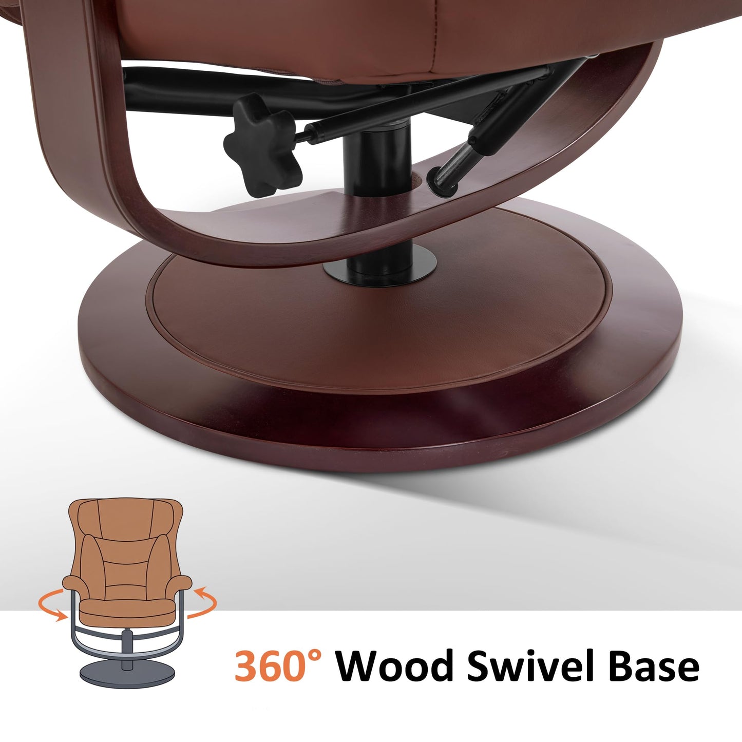 MCombo Oversized Swivel Recliner Chair with Ottoman, Adjustable Backrest, 360° Wood Base, High Seat, Faux Leather Lounge Chair for Tall Users in Living Room Office 4651 (Brown)