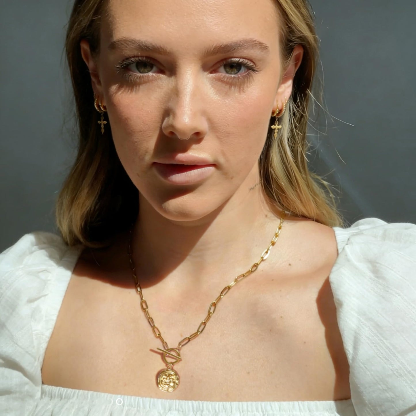 PEARLADA Dainty Birth Flower Coin Necklace, 18k Gold Plated Paperclip Necklace, Vintage Iris Spring Jewelry