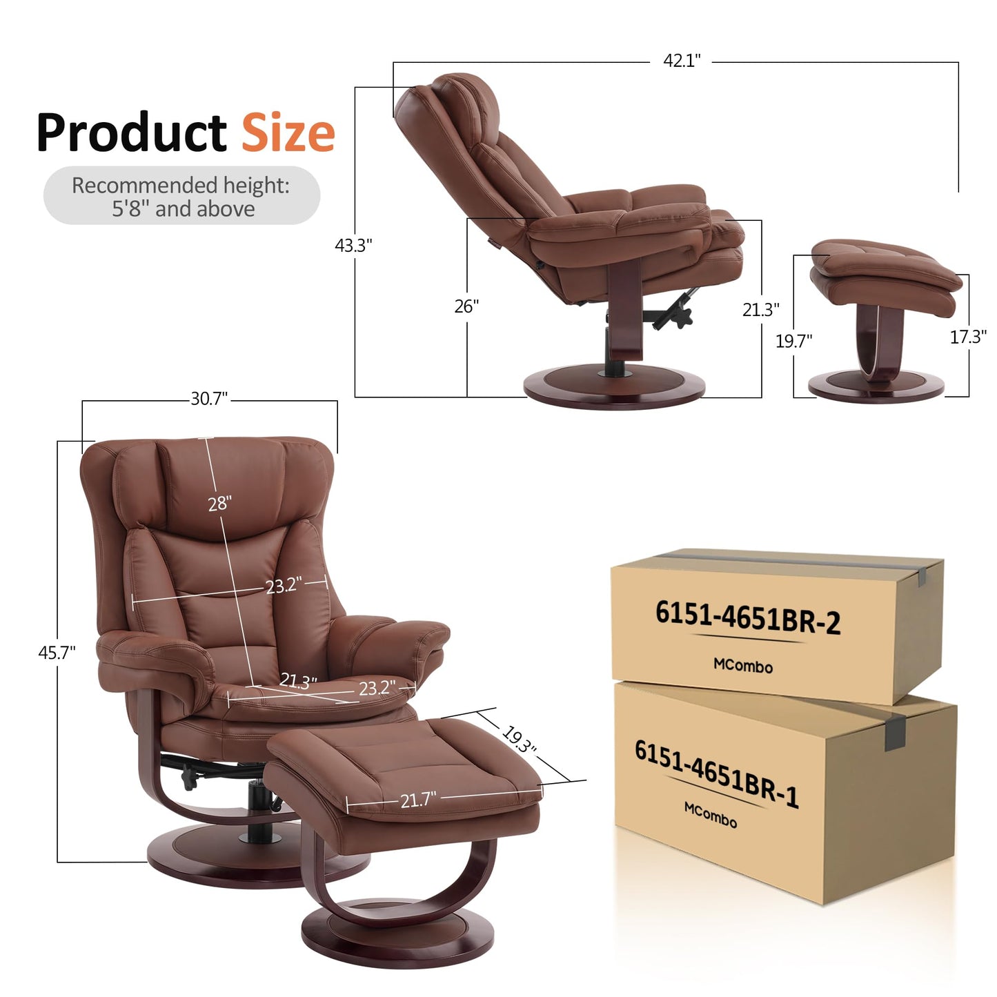 MCombo Oversized Swivel Recliner Chair with Ottoman, Adjustable Backrest, 360° Wood Base, High Seat, Faux Leather Lounge Chair for Tall Users in Living Room Office 4651 (Brown)