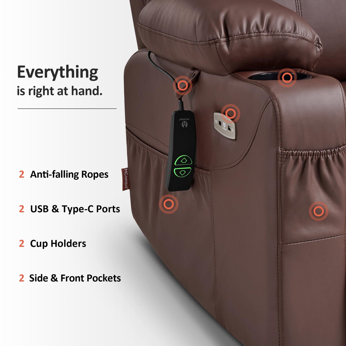 MCombo Electric Power Lift Recliner Chair Sofa with Massage and Heat for Elderly, 3 Positions, 2 Side Pockets, and Cup Holders, USB Ports, Faux Leather 7040 (Light Brown, Medium)