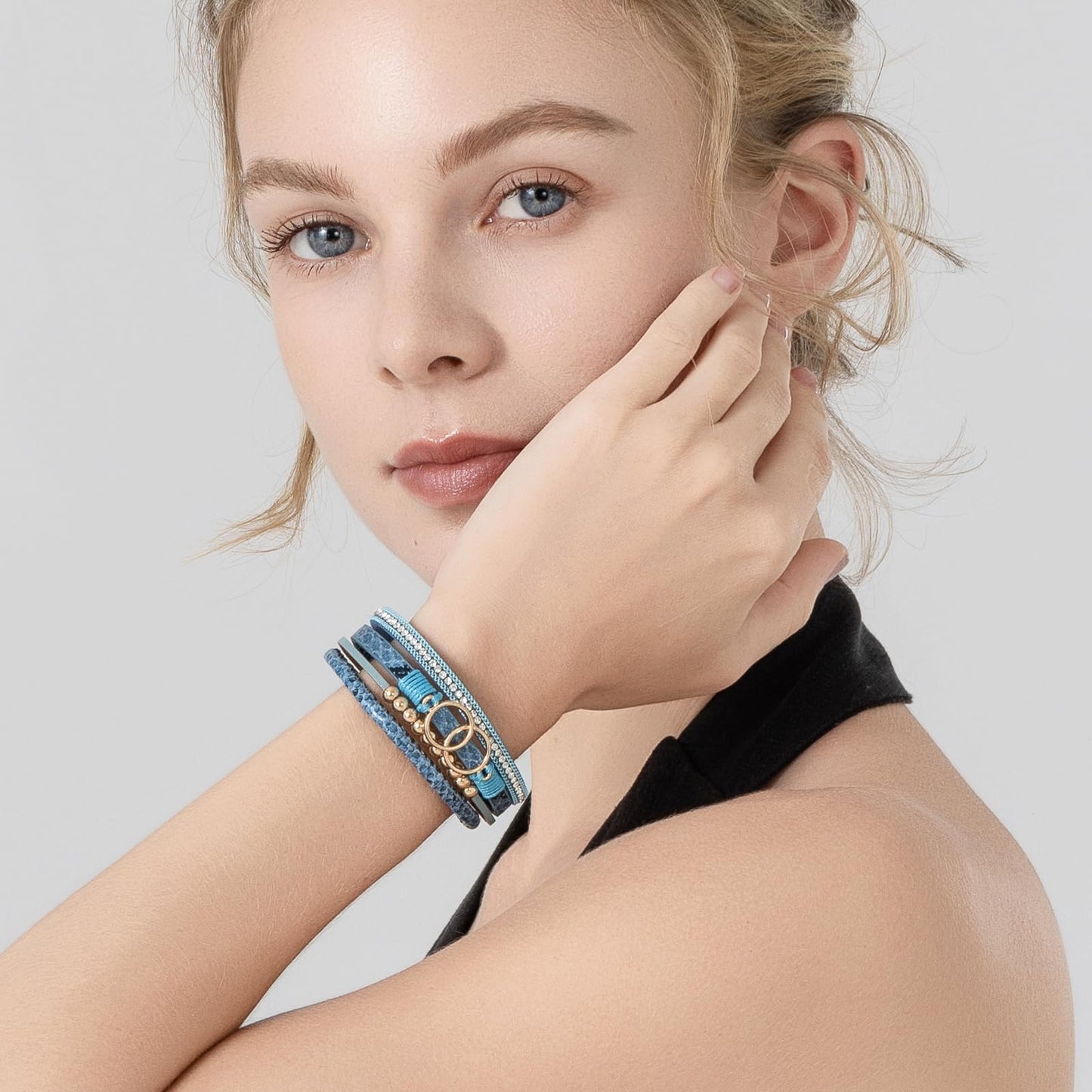FANCY SHINY Boho Leather Wrap Bracelet Stackable Beaded Infinity Chunky Cuff Bracelets with Magnetic Clasp Western Hippie Outfits Jewelry Gifts for Women(Snakeskin Blue)