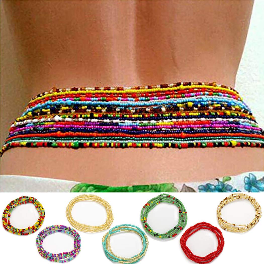 ELABEST African Waist Beads Chain Layered Belly Body Chain Beach 7Pack Waist Jewelry Body Accessories for Women (60inch/150cm)