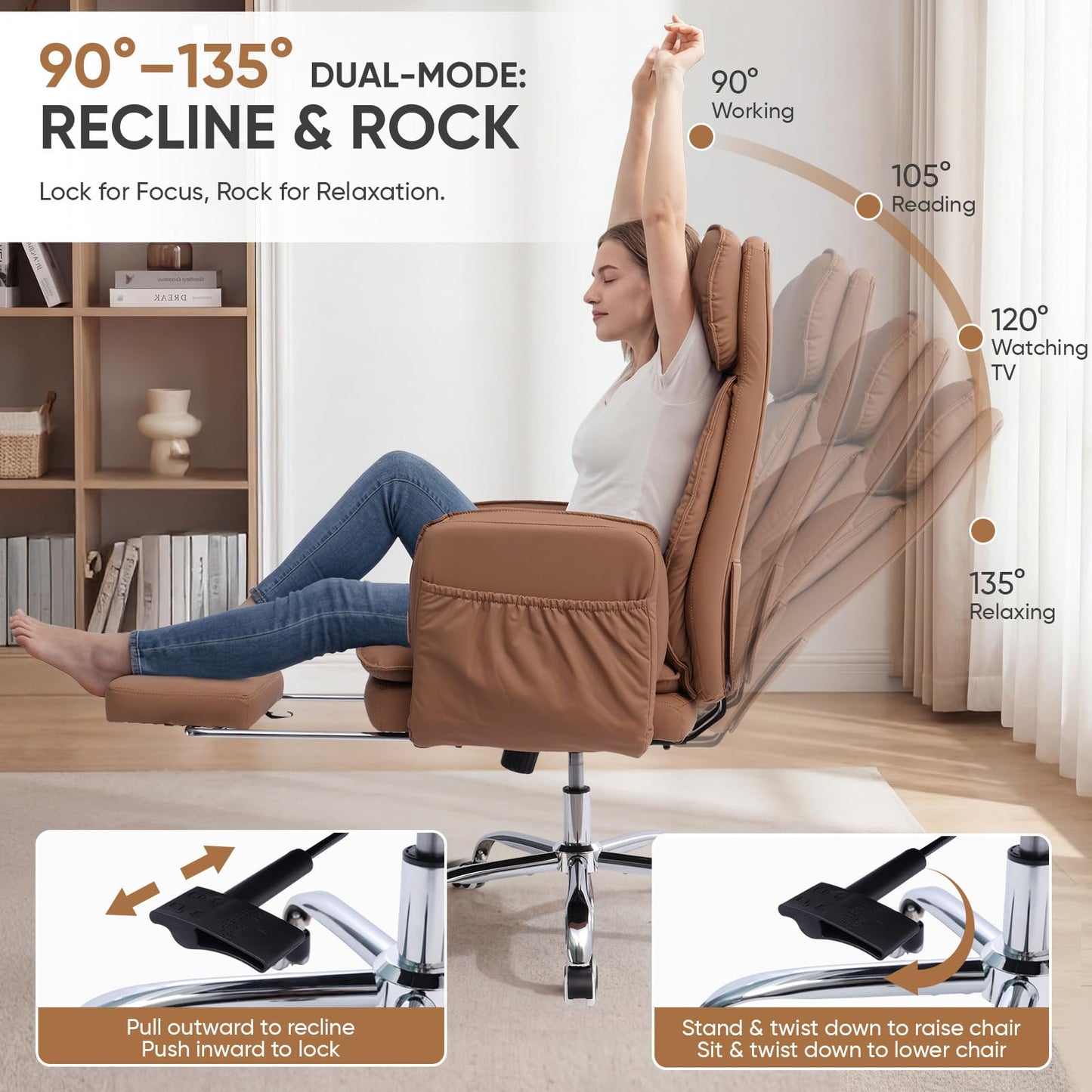 EGSEAT Big and Tall Office Chair with Flip Armrests, Cross Legged Office Chair with Storage Pockets, Comfortable Reclining Computer Chair with Foot Rest, Wide Home Office Desk Chair, Leather Brown