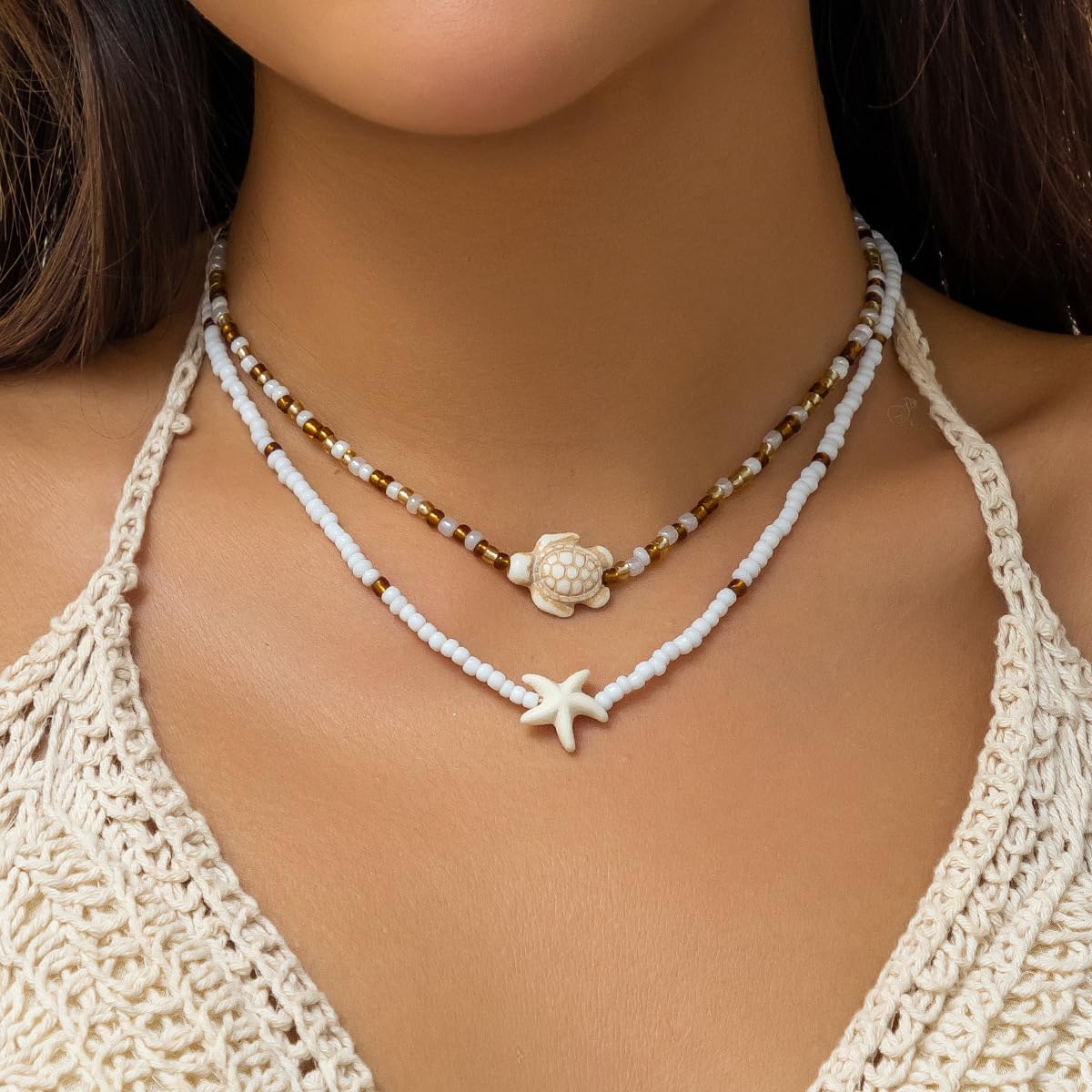 Sora Tuki Layered Starfish Necklace Beach Jewelry for Women Seashell Cowrie Puka Shell Necklaces for Women Beach Necklace Turtle Beaded Choker Necklaces Ocean Jewelry (2 - Beaded turtle)
