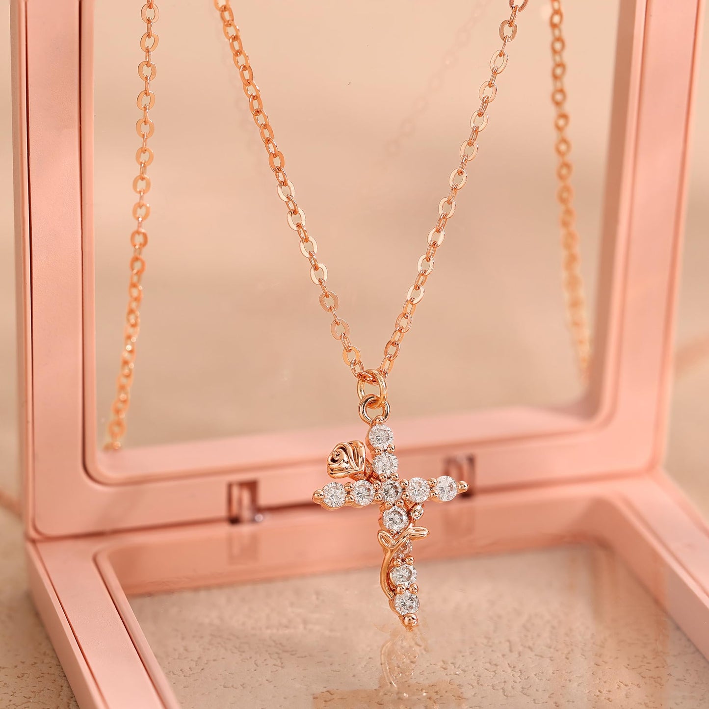 Robaice Easter Basket Stuffers Flower Cross Necklace for Women, Rose Gold Plated Dainty Cubic Zirconia Faith Cross Pendant, Christian Religious Jewelry Gifts