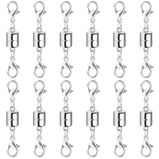 SUTQIGUI Magnetic Necklace Jewelry Clasps and Closures with Double Lobster Clasp, Silver Magnetic Jewelry Clasps for Necklaces, Bracelet Necklace Extenders for Women (12PCS)