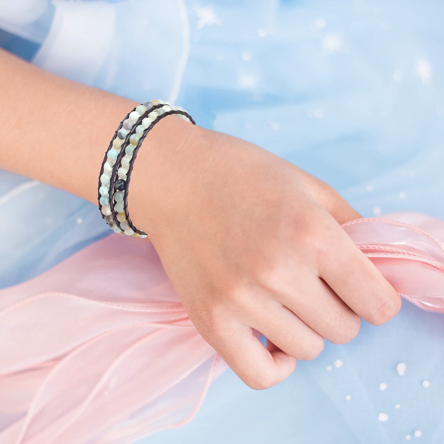 Ayriwoyi Blue Amazonite Bracelet Wrap Bracelets for Women Natural Beaded Stone Leather Wrap Bracelets for Women Bohemian Bracelet