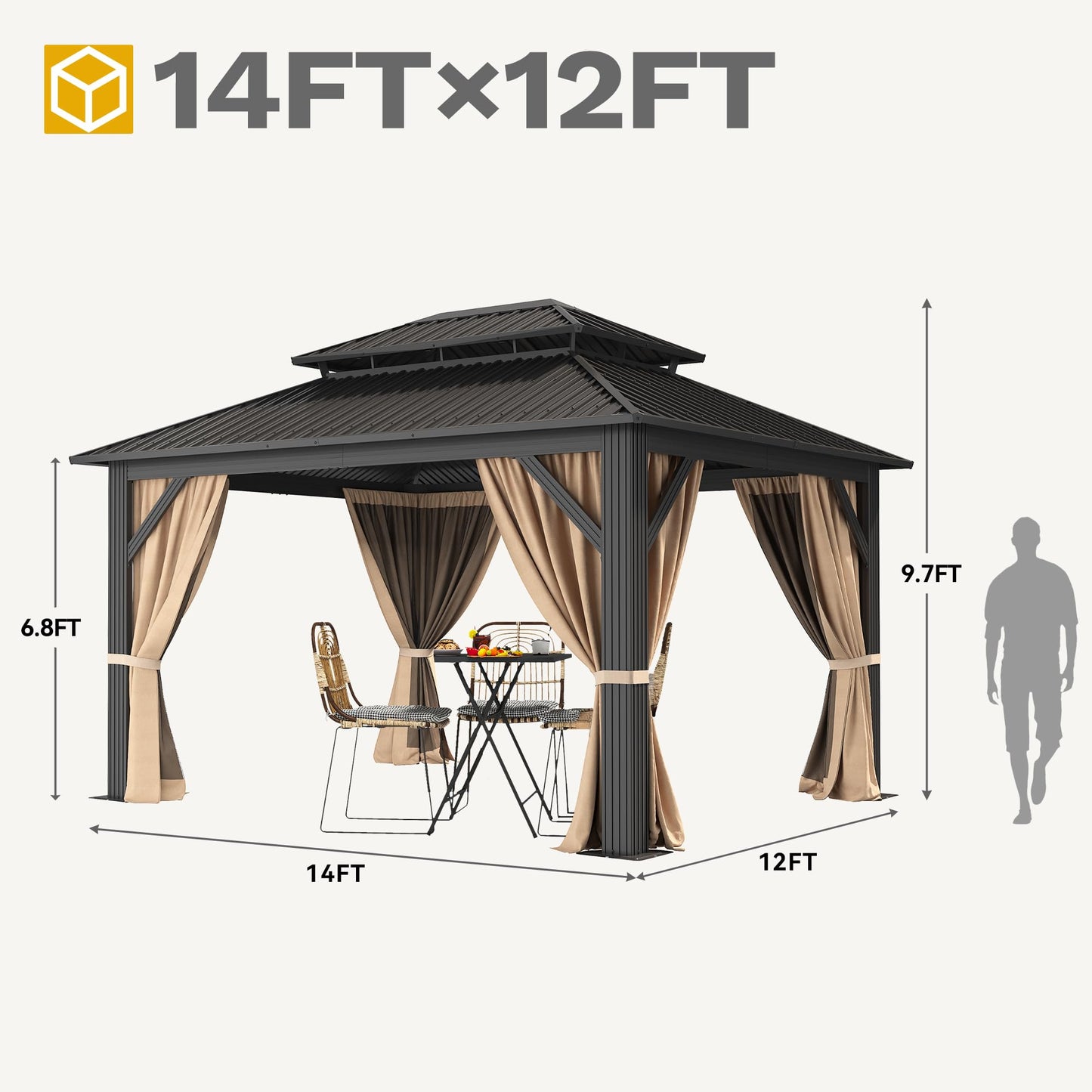 DWVO 12x14ft Aluminum Gazebo Hardtop Double Roof Canopy Outdoor Gazebo Galvanized Roof with Netting and Curtain Garden Tent for Patio, Backyard and Deck