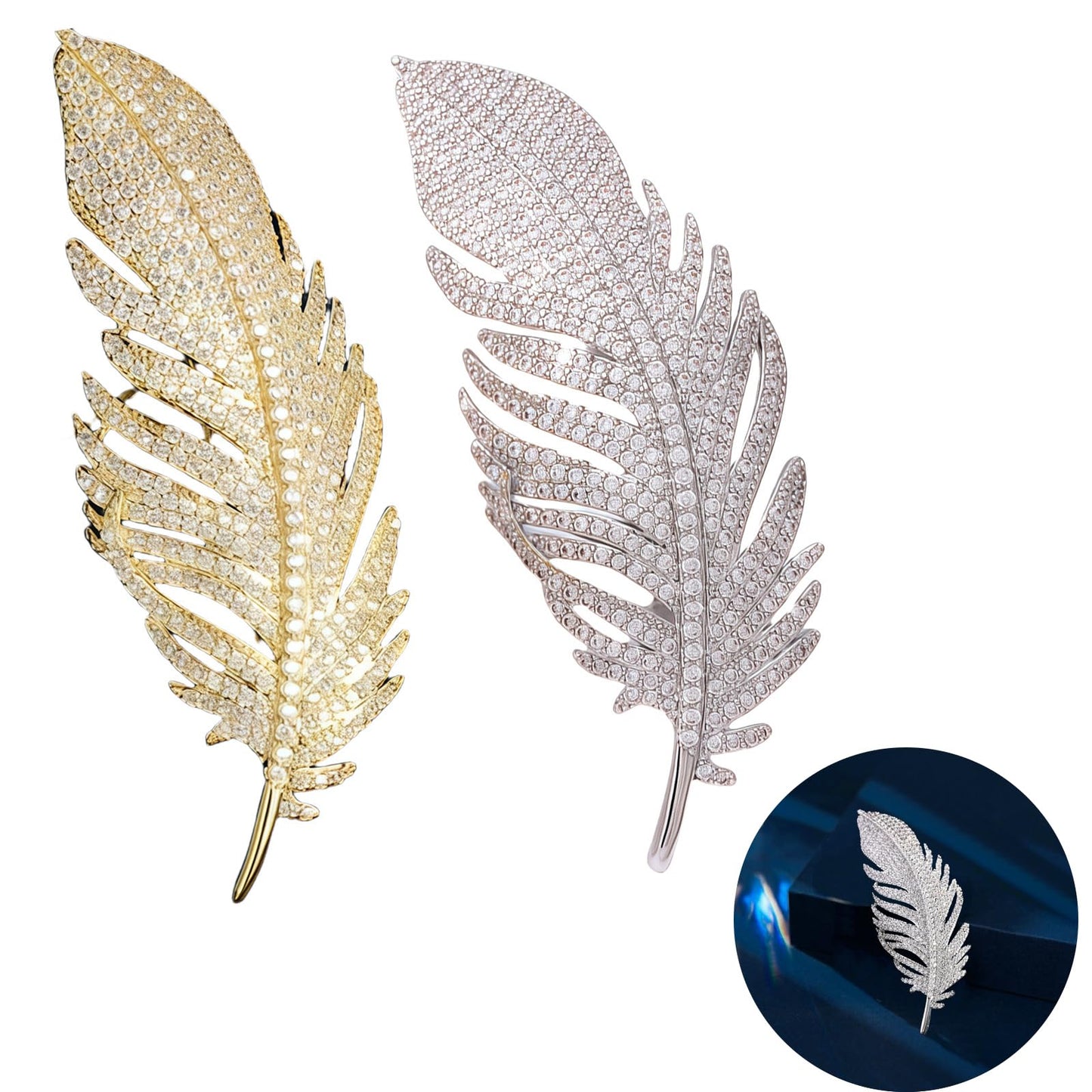 Yaximhozz 2pcs Rhinestone Feather Brooch Pin for Women Dress Elegant Stylish Crystal Brooches Fashion Accessories Pins Lapel Boutonniere Ideas Wedding Christmas Birthday Jewelry Easter Gift (01 Silver/Gold)
