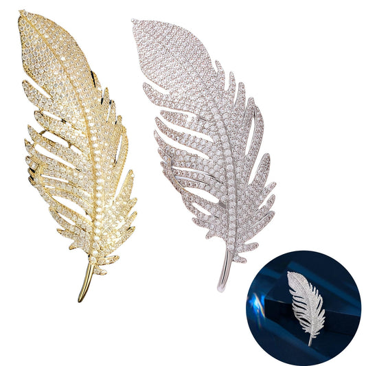 Yaximhozz 2pcs Rhinestone Feather Brooch Pin for Women Dress Elegant Stylish Crystal Brooches Fashion Accessories Pins Lapel Boutonniere Ideas Wedding Christmas Birthday Jewelry Easter Gift (01 Silver/Gold)