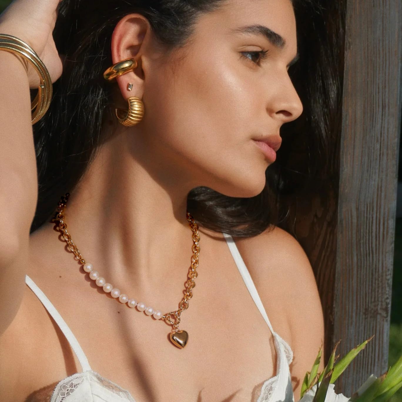 Chunky Gold Plated Puffy Heart Necklace, Pearl Beaded Chain Necklace, Statement Adjustable Y2k Jewelry