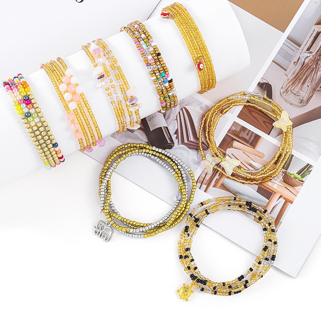 ELABEST 24-39inch African Waist Beads for Women 8Pcs Elastic Belly Beads Colorful Beaded Waist Jewelry Accessories Body Chain (Gold, 39.3inch/100cm)